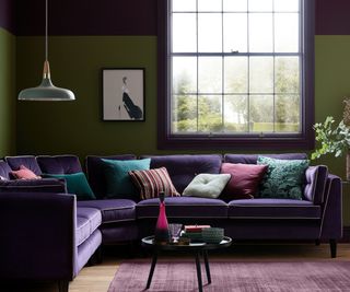 Purple sofa, green wall