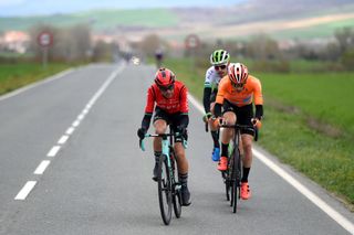 LABASTIDA SPAIN APRIL 03 LR Cristian Rodriguez Martin of Spain and Team Arka Samsic Jon Barrenetxea Golzarri and Team Caja RuralSeguros RGA and Txomin Juaristi of Spain and Team EuskaltelEuskadi compete in the breakaway during the 2nd Itzulia Basque Country Stage 1 a 1654km stage from VitoriaGasteiz to Labastida 527m Itzulia2023 on April 03 2023 in Labastida Spain Photo by David RamosGetty Images