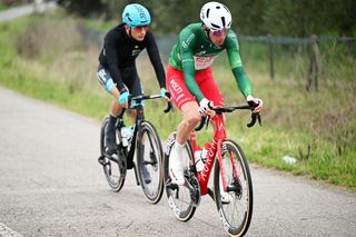 Davide Bais and Lorenzo Conforti in the break on stage three of Tirreno-Adriatico 2025