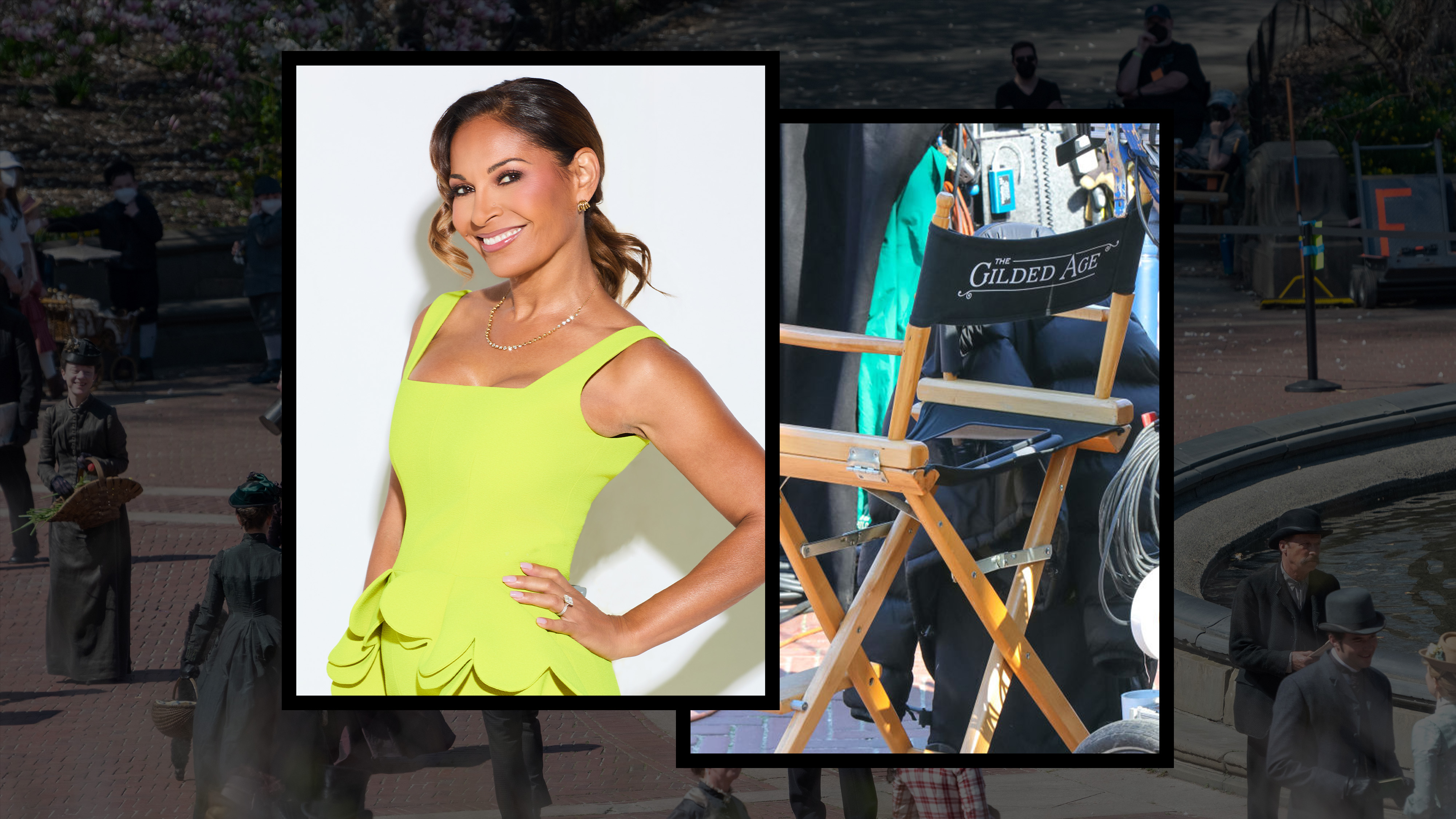 director salli richardson whitfield wears a lime green dress and poses smiling with her hand on her hip opposite a photo of directors chair on the set of the gilded age