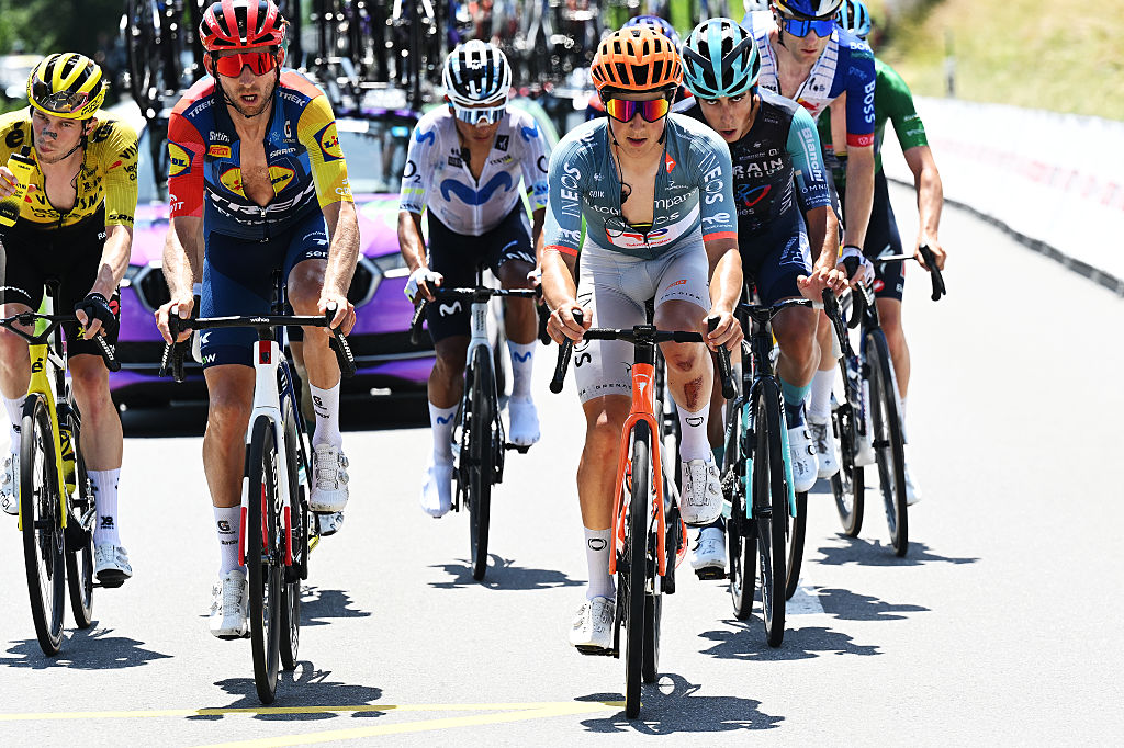 VILLARS-SUR-OLLON, SWITZERLAND - JUNE 21: Andrew August of United States and Netcompany INEOS Cycling Team competes in the breakaway during the 89th Tour de Suisse 2026, Stage 5 a 150.7km stage from Villars-sur-Ollon to Villars-sur-Ollon 1249m / #UCIWT / on June 21, 2026 in Villars-sur-Ollon, Switzerland. (Photo by Tim de Waele/Getty Images)