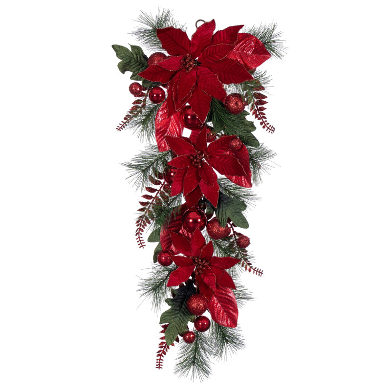 The Holiday Aisle&amp;reg; Merry Red Poinsettia Ball, and Fern Decorated Teardrop Swag &amp;amp; Reviews | Wayfair