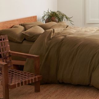 Caramel coloured linen bedding on bed