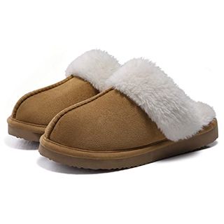 Litfun Damen Fuzzy Memory Foam Hausschuhe für drinnen und draußen, flauschige Winterhausschuhe, Kastanie 8–8,5