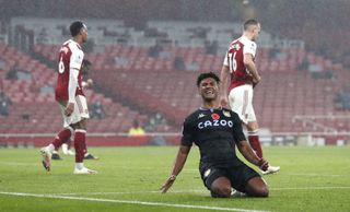 Aston Villa’s Ollie Watkins celebrates scoring his side’s second goal of the game during the Premier League match at the Emirates Stadium, London