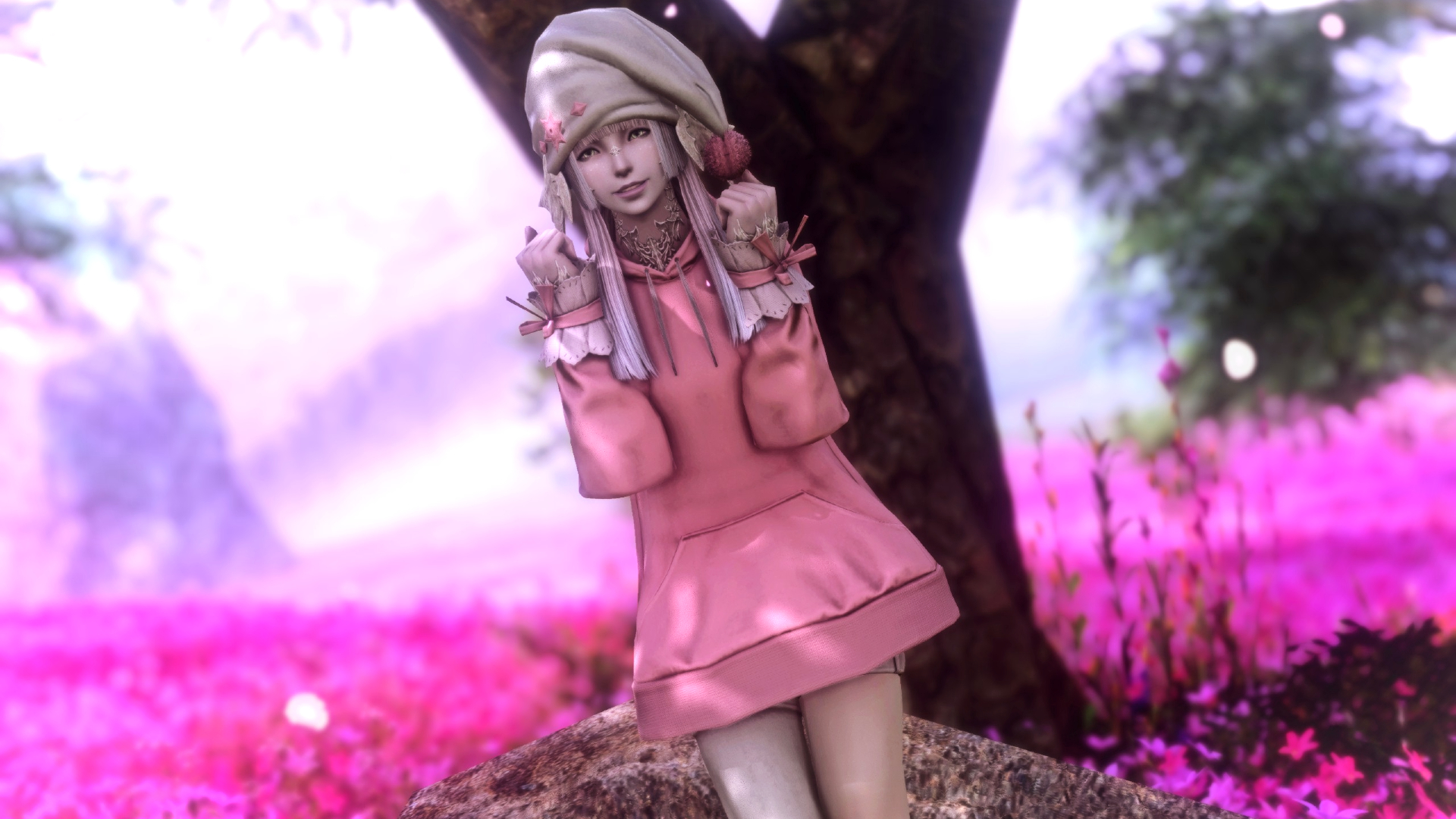 Final Fantasy 14 female Au'ra posing happily