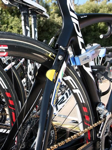 The unique split-stay arrangement on Vacansoleil-DCM's Ridley Noahs and Noah FBs supposedly pull air out away from the spinning spokes for lower drag.