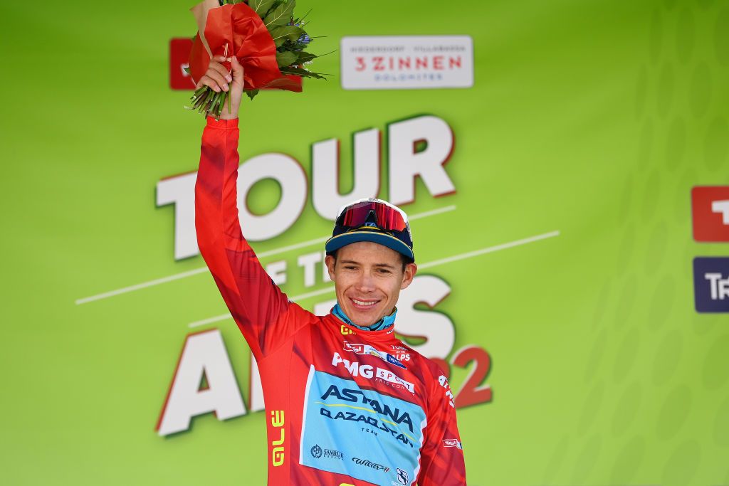 TOBLACH HOCHPUSTERTAL ITALY APRIL 20 Miguel ngel Lpez Moreno of Colombia and Team Astana Qazaqstan celebrates winning the red intermediate sprint jersey on the podium ceremony after the 45th Tour of the Alps 2022 Stage 3 a 1546km stage from Lana to Villabassa TouroftheAlps on April 20 2022 in Toblach Hochpustertal Italy Photo by Tim de WaeleGetty Images