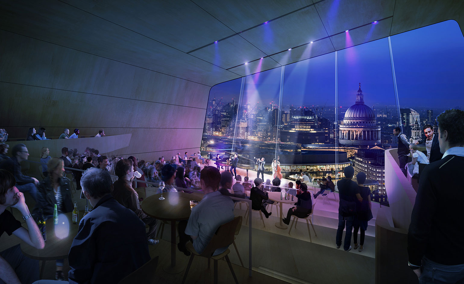 A smaller concert hall in the London Centre. With multiple levels of seating with chairs and tables, it looks like a cafe. People are sitting at the tables, having drinks, and watching people perform next to a panoramic window that looks out to the city.