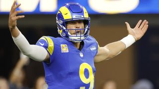 Matthew Stafford #9 of the Los Angeles Rams reacts during the second quarter against the San Francisco 49ers at SoFi Stadium on October 02, 2025 in Inglewood, California.