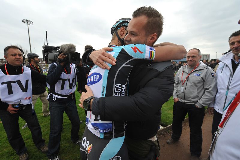 Tom Boonen celebrates his 2012 win with brother Sven a week after winning the Tour of Flanders