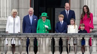 Camilla, Duchess of Cornwall, Prince Charles, Queen Elizabeth II, Prince George, Prince William, Duke of Cambridge, Princess Charlotte, Prince Louis and Catherine, Duchess of Cambridge stand on the balcony of Buckingham Palace