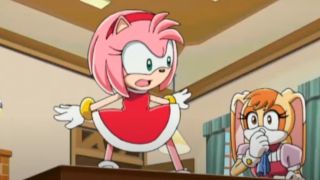 Amy Rose standing on a table while Cream the Rabbit watches in Sonix X