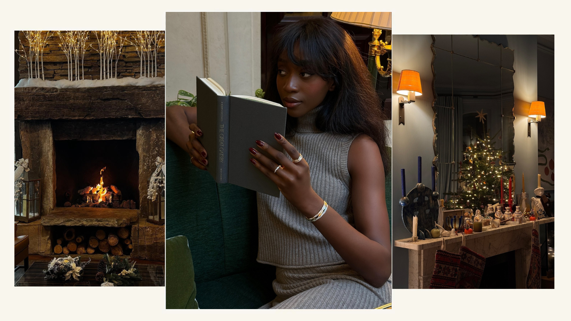 Photo collage of warm, cozy holiday settings 