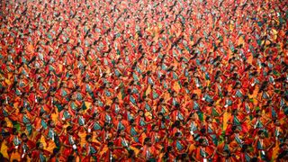 Bagurumba dancers in traditional attire Full dress rehearse at Sarusajai Stadium for a Guinness World Record attempt for the largest-ever performance of the Bodo community's 'Butterfly Dance'