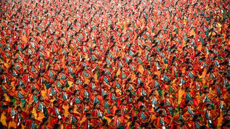 Bagurumba dancers in traditional attire Full dress rehearse at Sarusajai Stadium for a Guinness World Record attempt for the largest-ever performance of the Bodo community's 'Butterfly Dance'