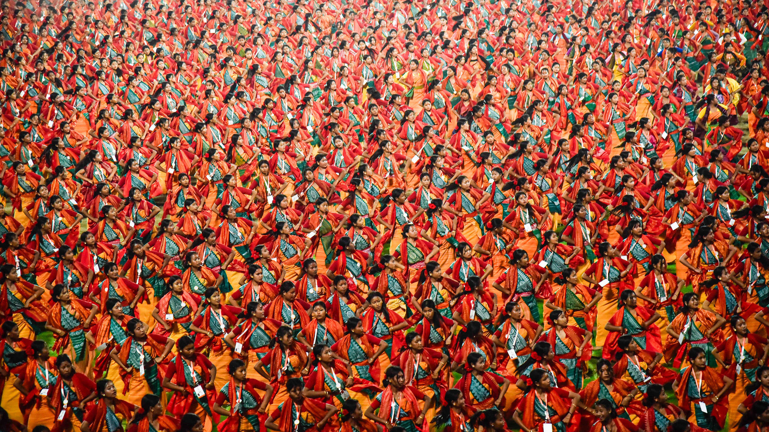 Bagurumba dancers in traditional attire Full dress rehearse at Sarusajai Stadium for a Guinness World Record attempt for the largest-ever performance of the Bodo community's 'Butterfly Dance'