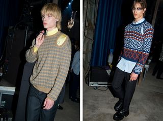Models wear jumpers and tailored trousers at Raf Simons S/S 2019