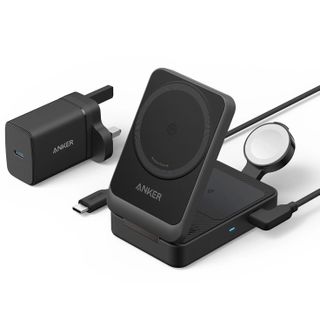 The Anker MagGo 3-in-1 Charging Station, unfolded with its cable and charger