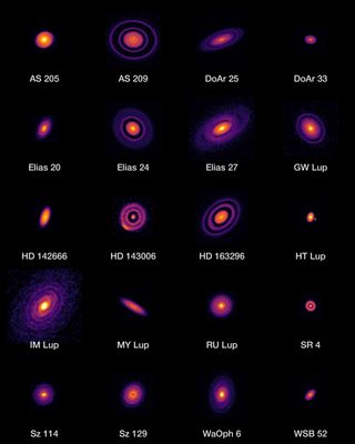 This image names the many planetary disks showing evidence of planet birth detected by the ALMA radio telescope in Chile.