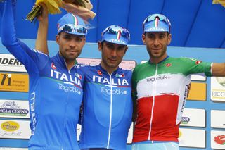 Ulissi, Visconti, and Nibali on the podium