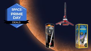 Three model rockets are in a triangle formation, the bottom two are in their box, all on a orange planet background with the space.com logo in the top left corner.