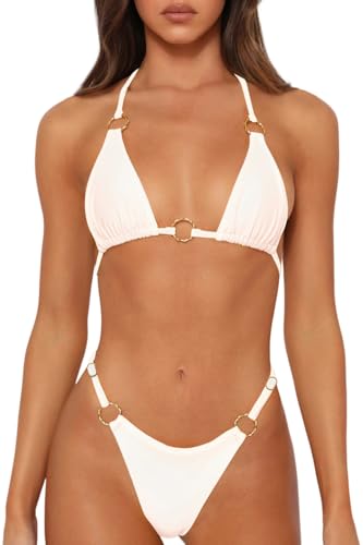 Miketai Sexy Bikinis for Women 2 Piece Bikini Spaghetti Strap Swimsuits Solid Color Bathing Swimwear Triangle Bathing Suit (us, Alpha, Large, Regular, Regular, White)