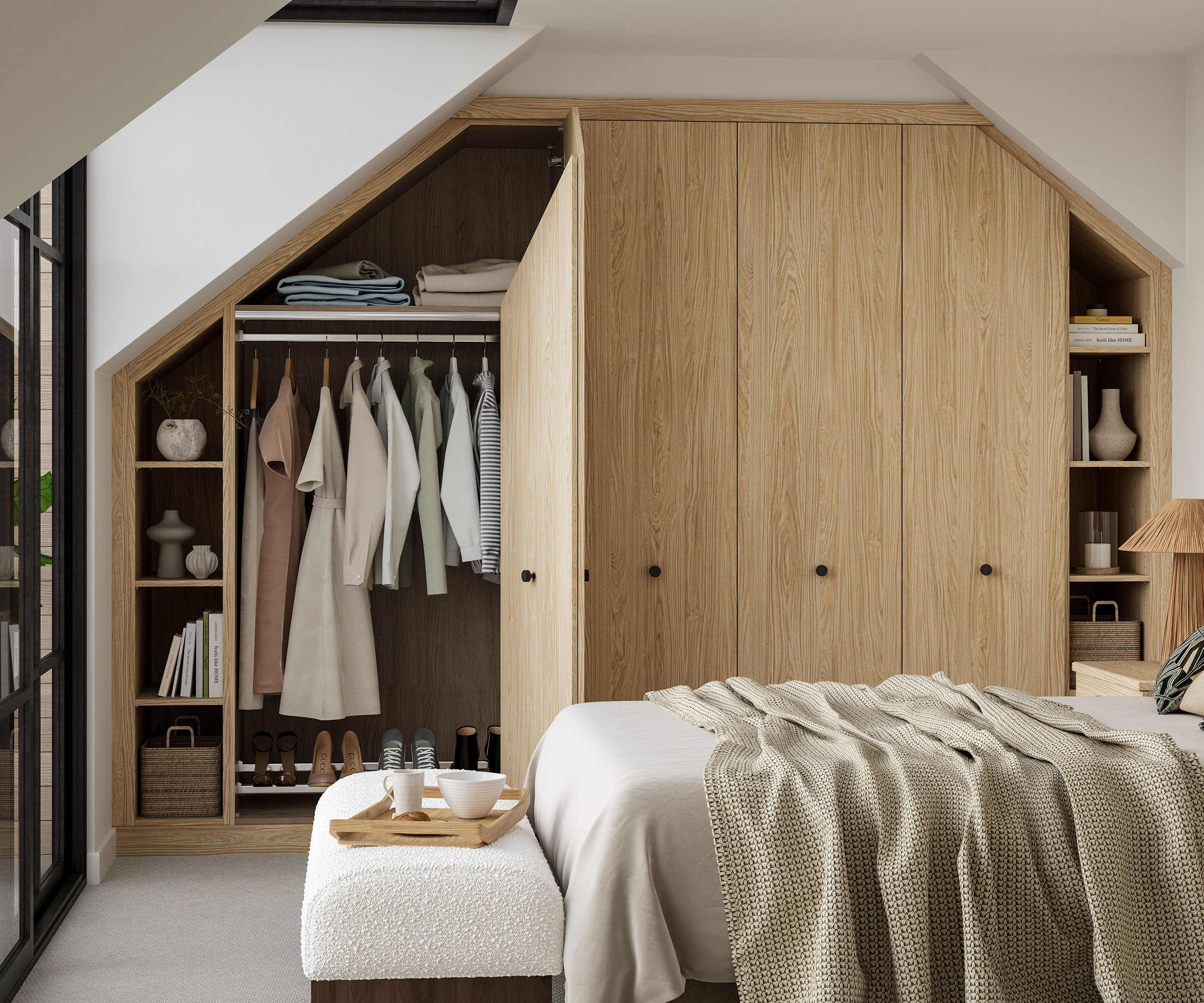 loft conversion bedroom with wooden fitted wardrobes
