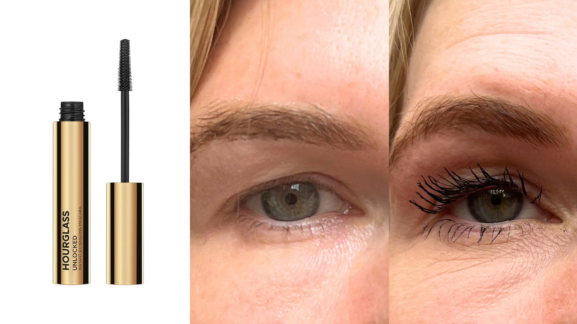 An image of the Hourglass Unlocked Instant Extensions Mascara on the left, next to a before and after comparison of Fiona McKim's lashes wearing the Hourglass Unlocked Instant Extensions Mascara