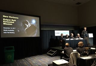 From left to right: John Spencer, Alice Bowman, Marc Buie, Alan Stern, all of the Southwest Research Institute, and NASA's Jim Green stood at the lectern, as they present a discussion of New Horizon's upcoming encounter with MU69 at the American Geophysical Union's Fall 2017 meeting.