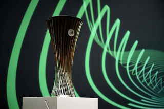 This photograph shows the UEFA Europa Conference League trophy before the draw for the quarter-final, semi-final and final of the 2022-2023 UEFA Europa Conference League football tournament, in Nyon, on March 17, 2023