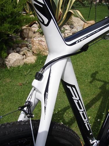 The wishbone-style rear stays include a cleanly integrated rear brake housing stop.