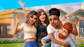 The Sims Mobile server shutdown announcement header image - four happy Sims waving goodbye