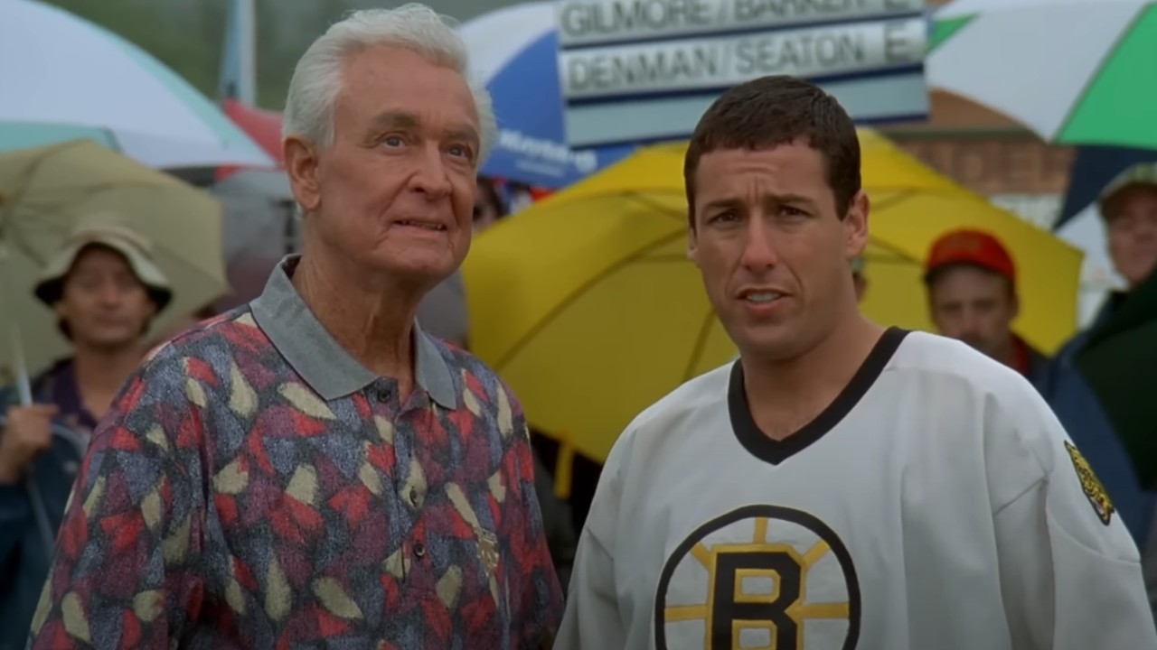 From left to right: Bob Barker standing next to Adam Sandler in Happy Gilmore.