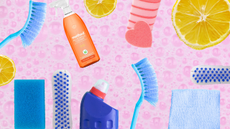 A collage of cleaning products on a purple bubble background