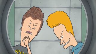 Beavis and Butt-Head looking down through a toilet seat