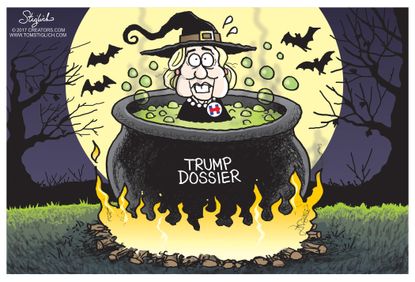 Political cartoon U.S. Hilary Trump-Russia dossier Halloween