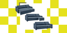 Image of a white and yellow checkerboard background with a sofa bed cutout showing it's three functions.