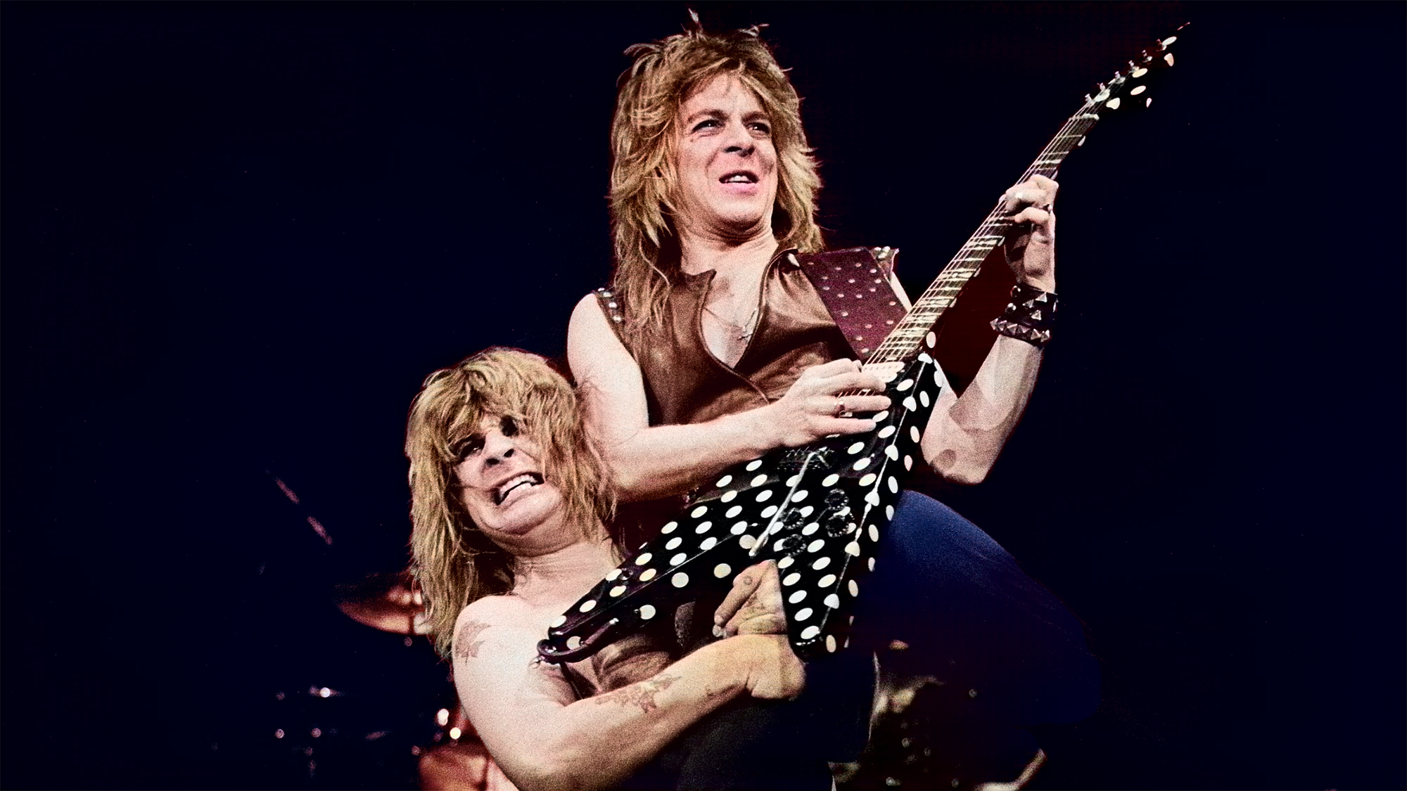 British musician Ozzy Osbourne and American musician Randy Rhodes (1956 - 1982) perform at the Rosemont Horizon, Rosemont, Illinois, January 24, 1982. 