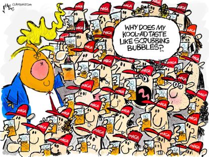 Political Cartoon U.S. Trump supporters coronavirus disinfectant kool aid