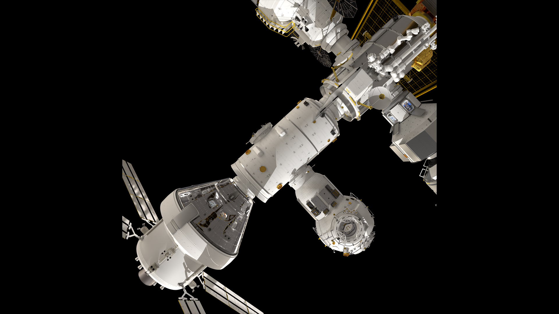 una nave espacial orión acoplada a la estación espacial de entrada en la ilustración de un artista.  La puerta de enlace tiene muchos módulos, muy parecidos a la estación espacial internacional pero más pequeños.