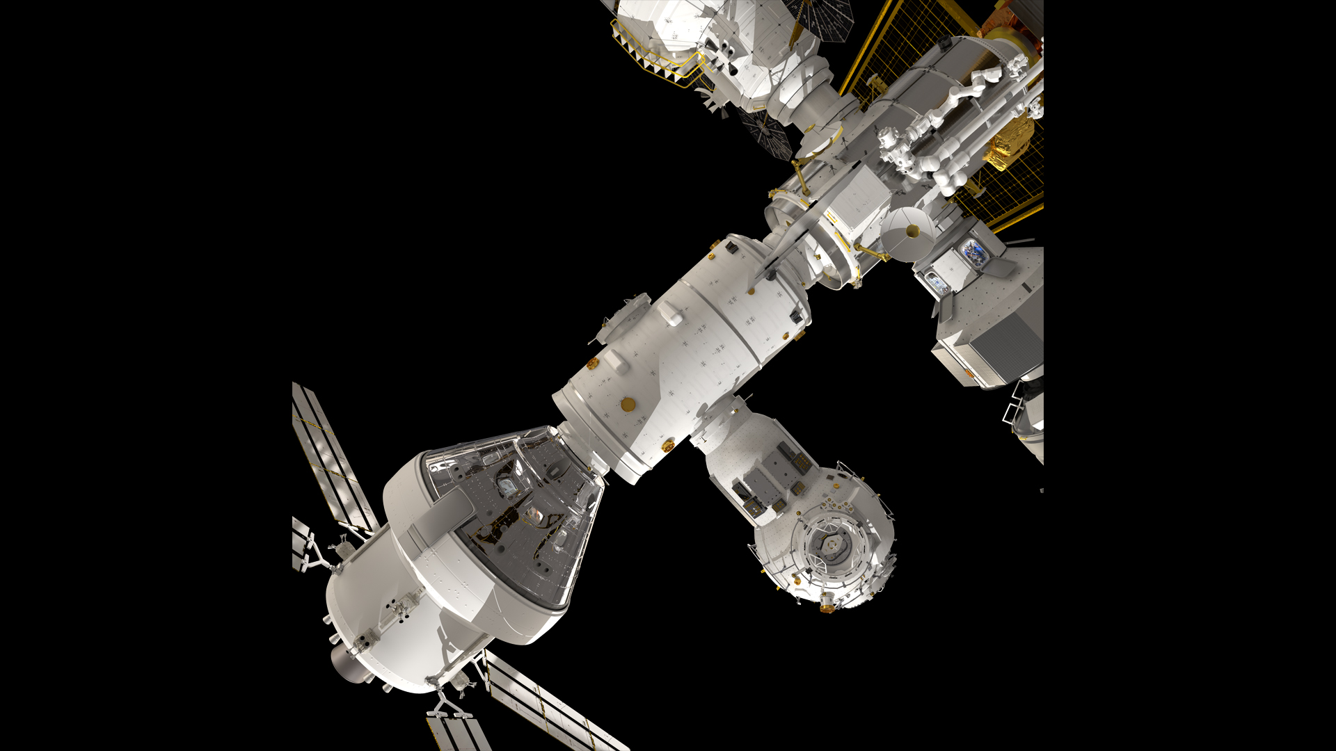 a docked orion spacecraft with the gateway space station in an artist's illustration. gateway has numerous modules, somewhat like the international space station but smaller