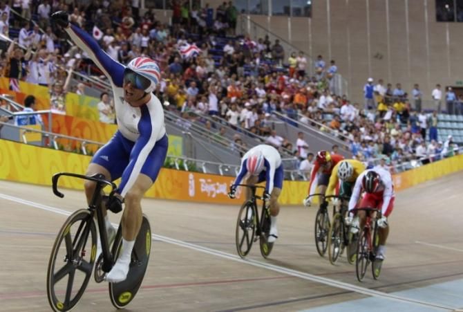 Chris Hoy of Great Britain celebrates after winning the 2008 Beijing Olympic Games men's Keirin final