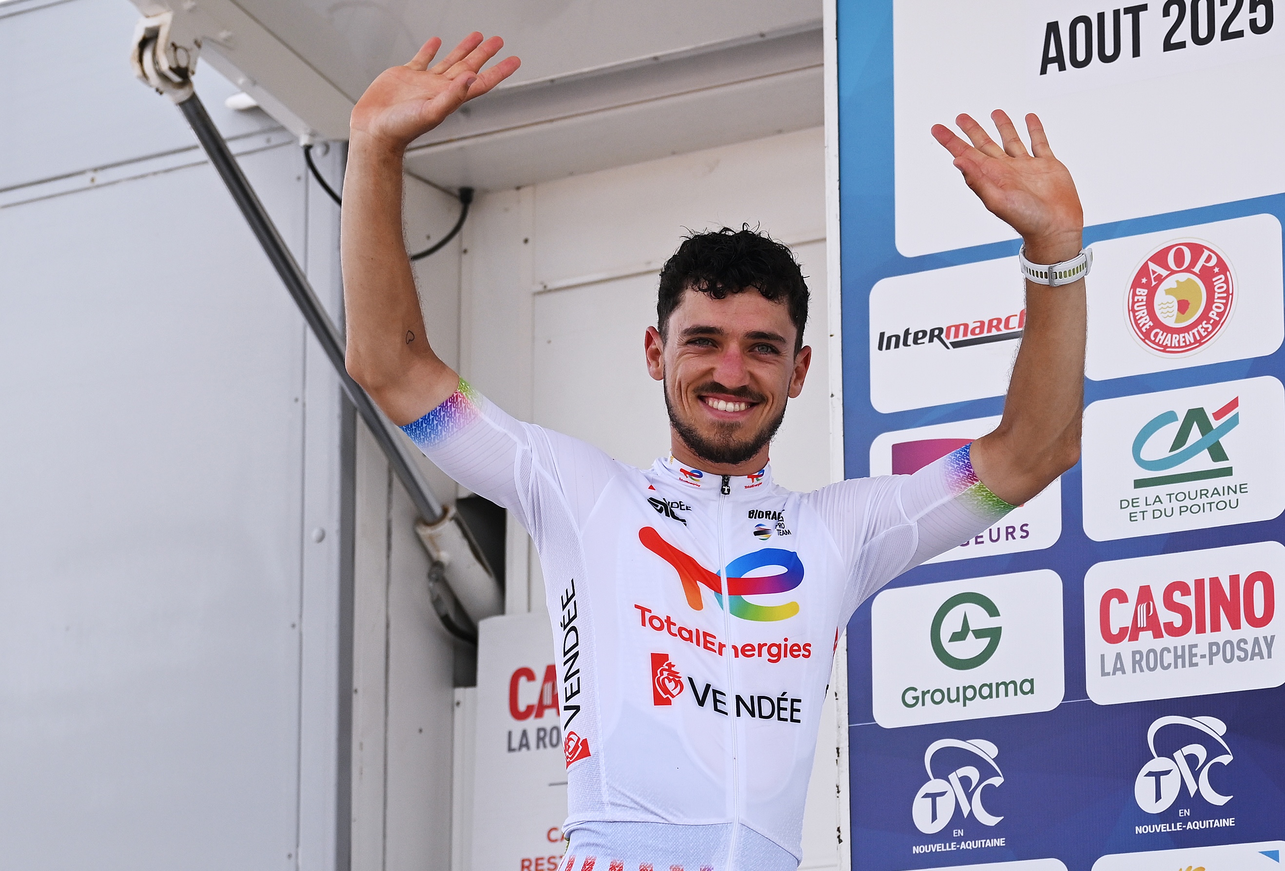LA GENETOUZE, FRANCE - AUGUST 26: Jason Tesson of France and Team TotalEnergies celebrates at podium as stage winner during the 39th Tour Poitou - Charentes en Nouvelle Aquitaine 2025, Stage 1 a 193.9km from Sauze-entre-Bois to La Genetouze on August 26, 2025 in La Genetouze, France. (Photo by Luc Claessen/Getty Images)