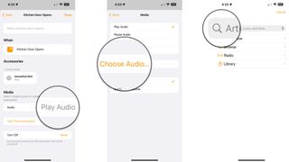 How to use HomePod as a HomeKit alarm in the iPhone by showing steps: Tap Play Audio, Tap Choose Audio…, Tap the Search field or navigate to a song or sound in your music library.