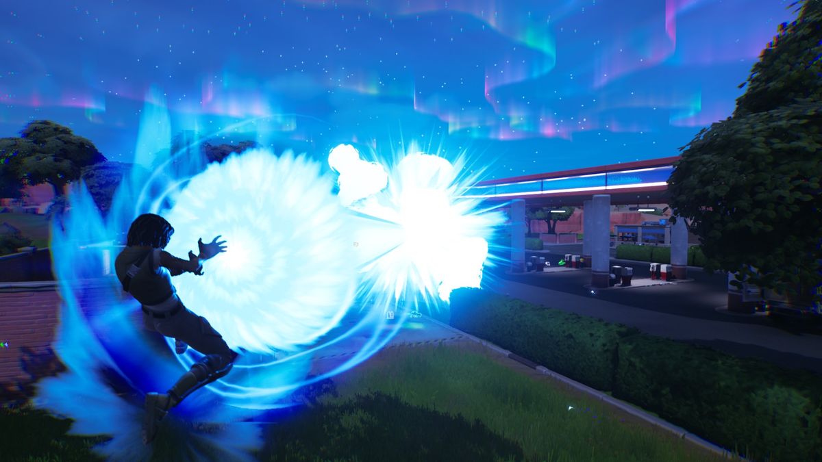 Fortnite Kamehameha destroying a gas station