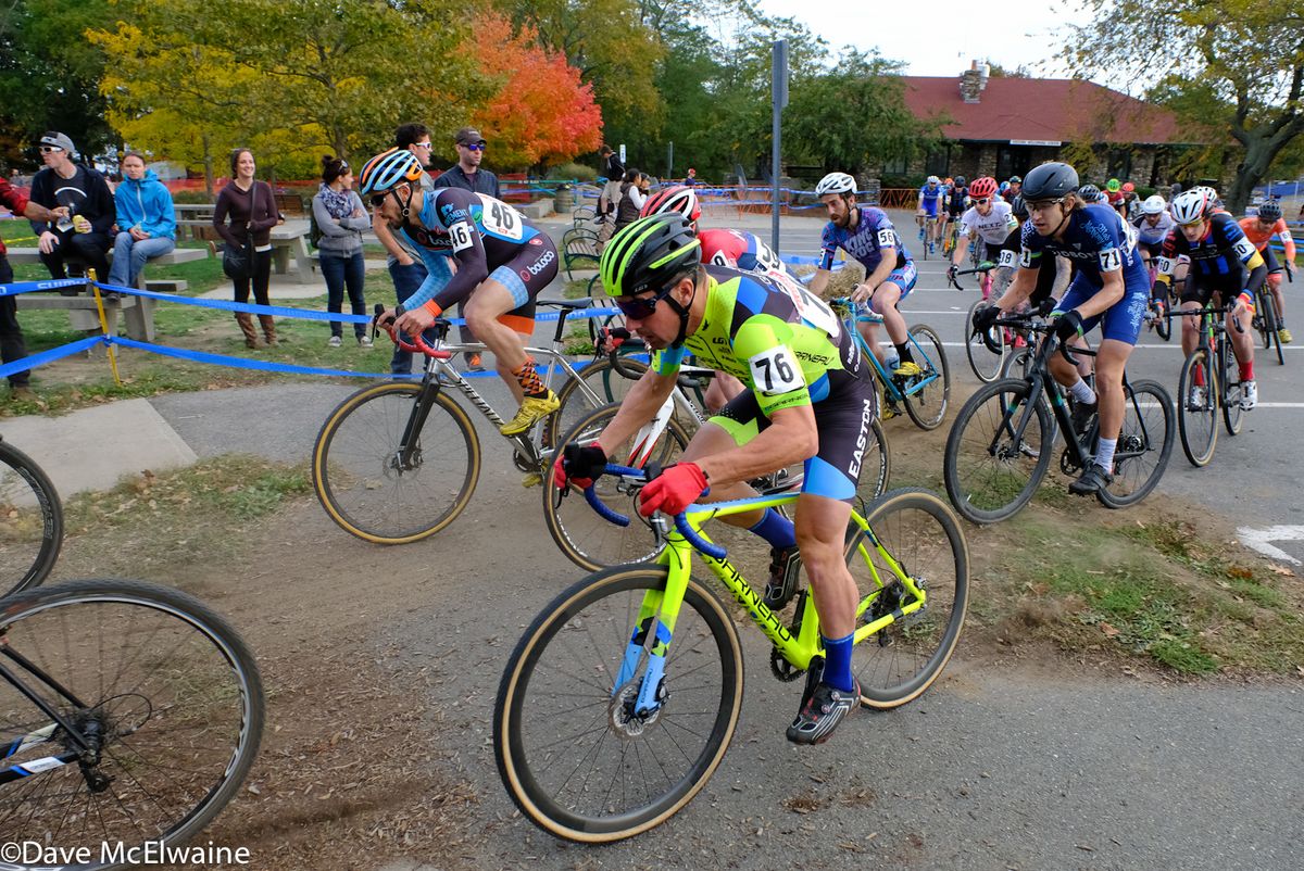 Marc-Andre Daigle (Garneau Easton) rides in a large pack soon after the start