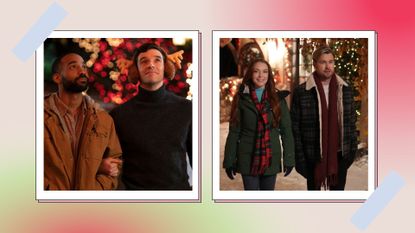 collage image showing two of the best Christmas movies on Netflix, against a green and red background