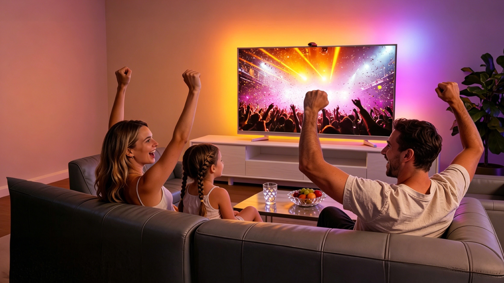 Two adults and a child are very happy that they have a Lepro STV1 lightstrip on their TV. The adult man and woman are waving their arms in the air