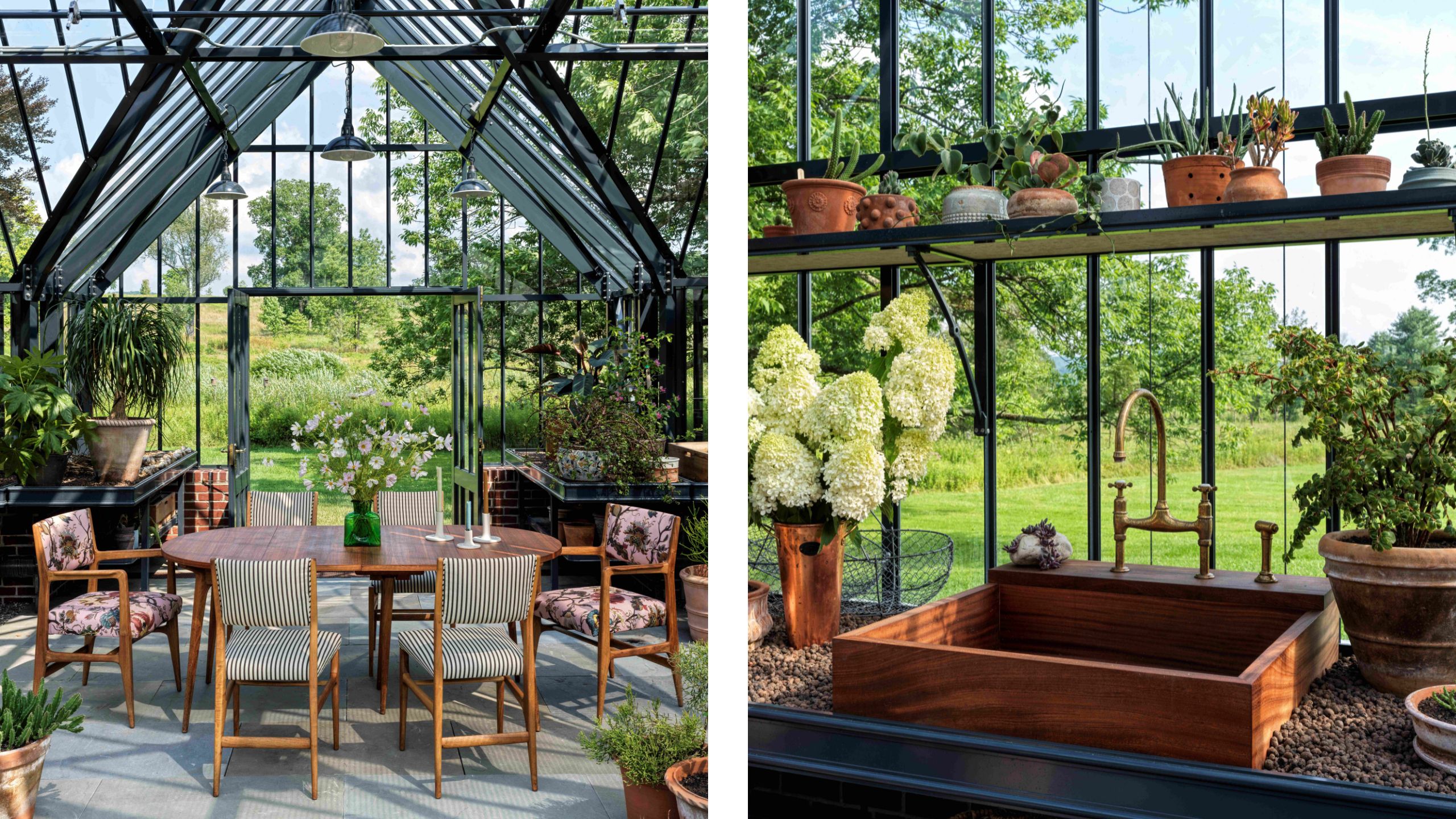 two side by side images of a large victorian style glass conservatory with rows of pots, a potting sink and a dining table